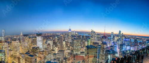 Amazing panoramic sunset aerial skyline of Manhattan from a high vantage point