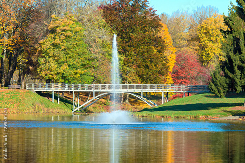 Bridge over lake on a fall day photo
