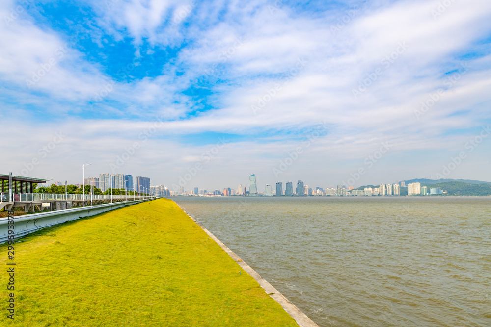 The scenery of Zhuhai City on the other side of the artificial island at the port of Zhuhai