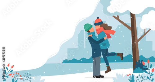 Loving couple in winter. Cute vector illustration in flat style.