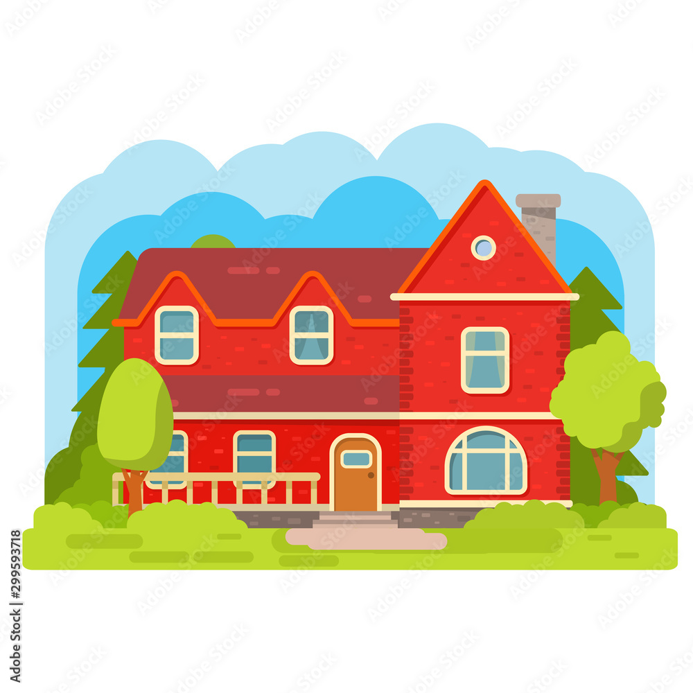 Living house with trees.Real estate concept.Home facade with doors and windows. Residential building.Country cottage.Rural home.