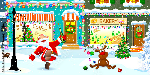 Merry Santa and deer on Christmas Eve. Joyful Santa Claus and deer on a snowy city street celebrate Christmas