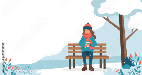 Girl sitting on bench in winter with coffee. Cute vector illustration in flat style