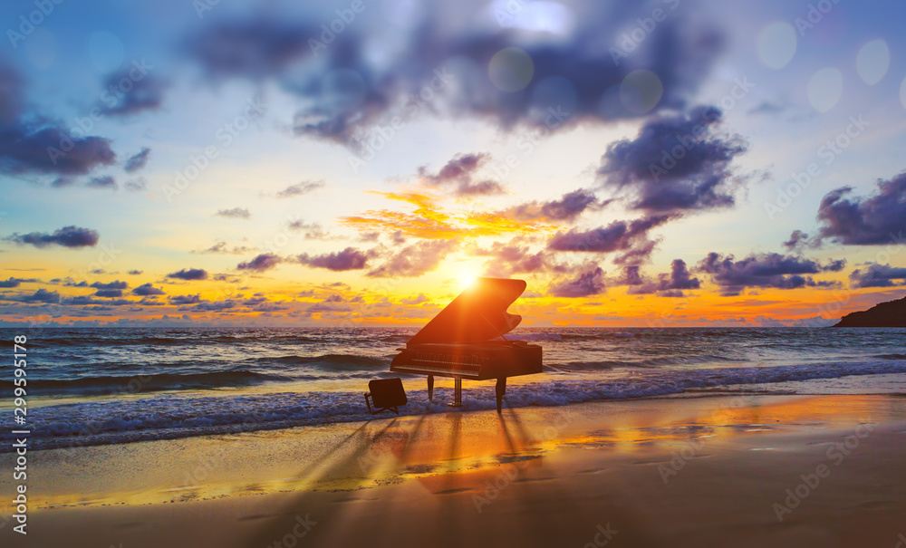 Music background.Melody and song concept in nature.Surreal image of grand piano in scenic sunset beach - obrazy, fototapety, plakaty 
