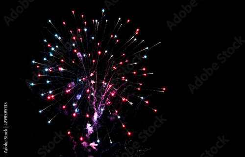 Colorful fireworks in the sky on black background. Festive colorful fireworks in the night sky.