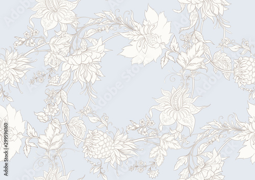 Fantasy flowers in retro, vintage, jacobean embroidery style. Seamless pattern, background. Outline hand drawing vector illustration. In vintage blue and beige colors.