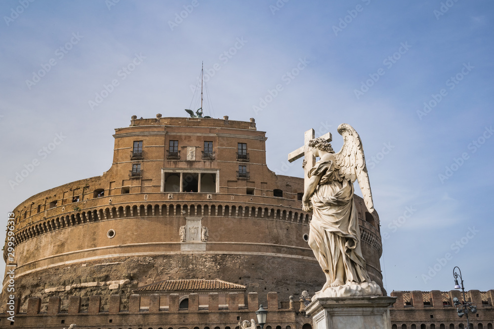 Castle of Sant Angelo in Rome with angel sculpture in the foreground