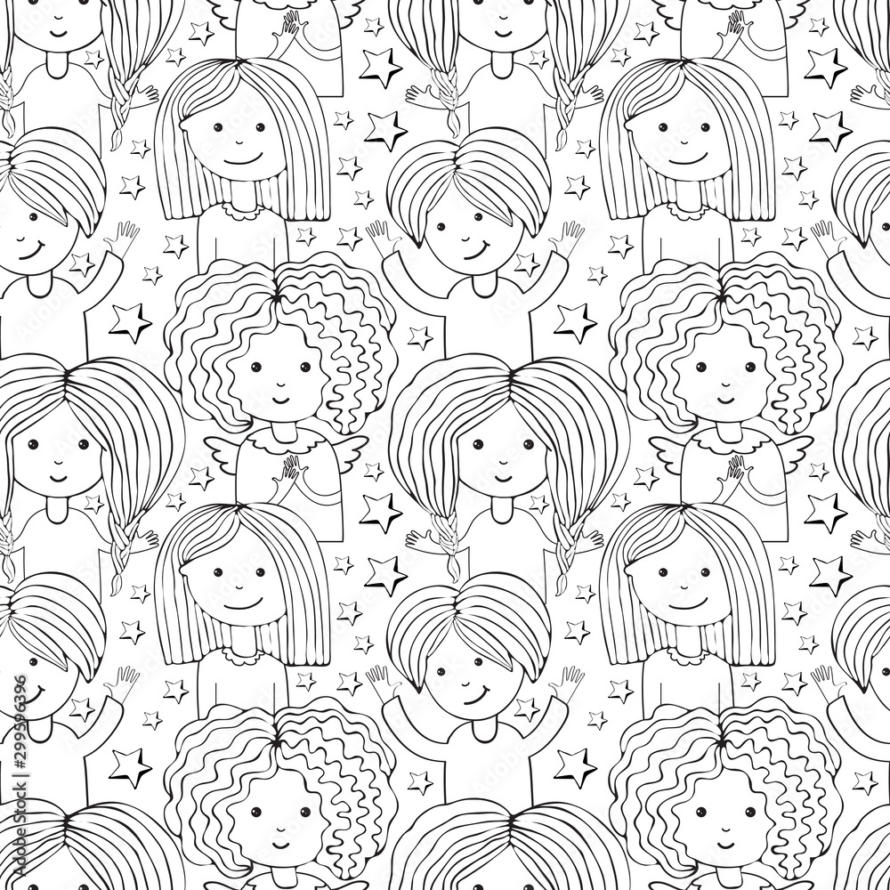 Seamless pattern funny girls smiling. Continuous line, drawing of cute girl. Art line illustration. Sketch for your design. Female character in the vector. Hand drawn female avatar.