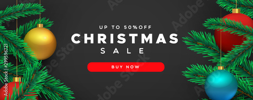 Christmas sale banner 3d pine tree and red bauble