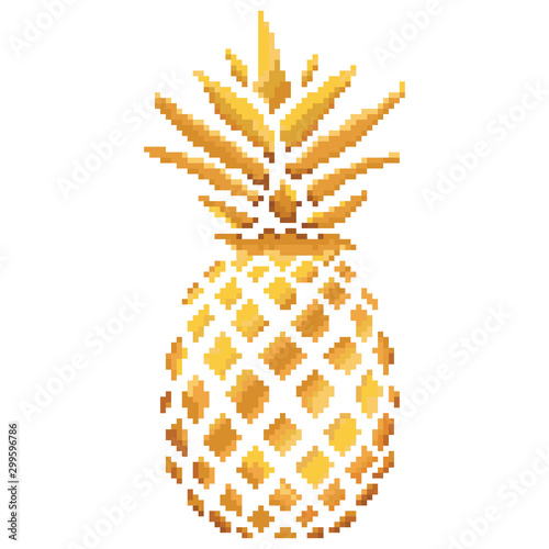 Pixel gold pineapple illustration, typography, t-shirt graphics, vectors. Tropical fruits isolated. Pixel art, 8 bit. 