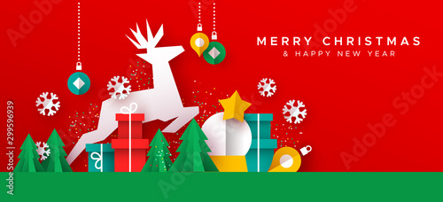 Christmas New Year card of paper cut toy landscape