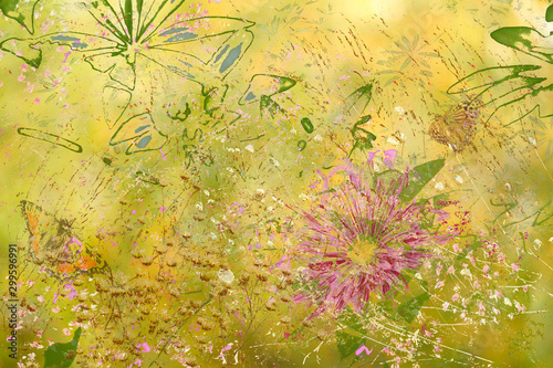 Abstract background with flowers. Collage with butterflies and flowers. Memory of summer