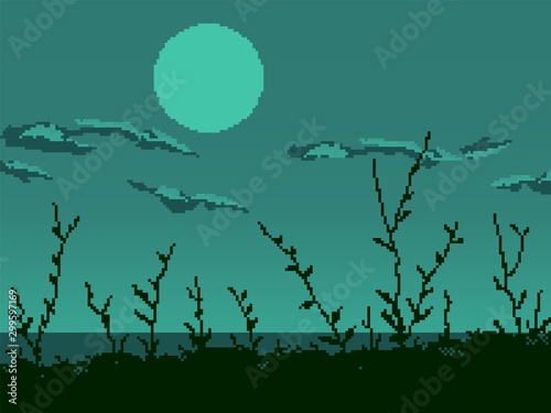 Pixel art game background with sun, and grass. 8 bit. Silhouette of night landscape.