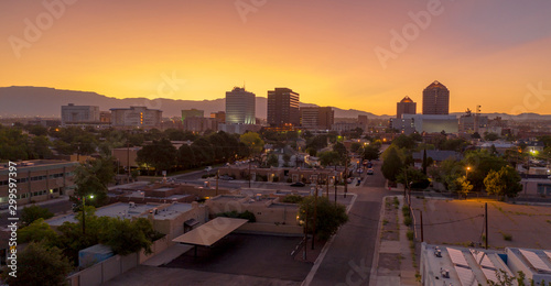 Orange Sunrise Aerial Perspective Downtown City Skyline Albuquerque New Mexico