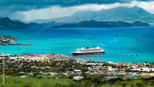 Cruise ship at port near islands