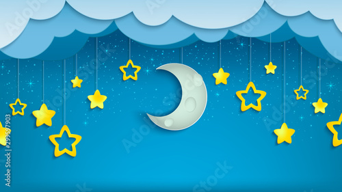 Night sky with half of moon and stars. Crescent with clouds in evening scene. Midnight time. Vector Illustration.