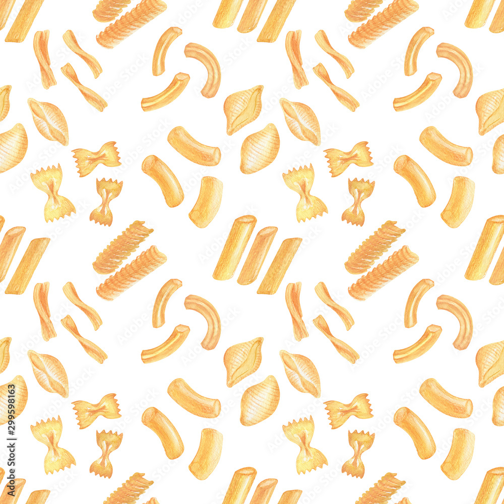 Watercolor background picture Italian pasta. Varieties of pasta Watercolor background picture Italian pasta. Varieties of pasta
