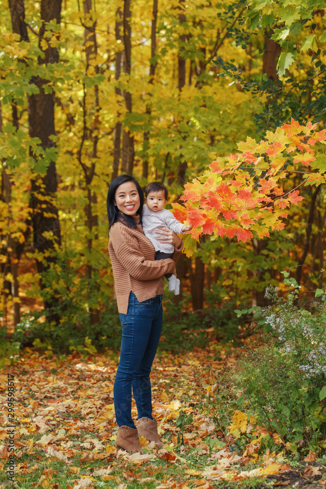 Asian Chinese mother holding cute adorable baby girl on hands in autumn fall park outdoor with yellow orange leaves trees. Halloween or Thanksgiving autumnal seasonal concept. Asian Chinese mother holding cute adorable baby girl on hands in autumn fall park outdoor with yellow orange leaves trees. Halloween or Thanksgiving autumnal seasonal concept.
