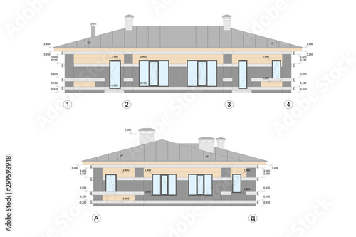 Set of detailed private house facade elements, architectural technical drawing, vector 