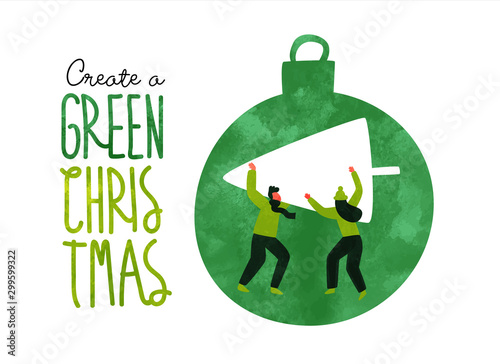 Green christmas eco card of people with pine tree