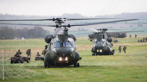 Chinook helicopters are loaded during a military exercise on Salisbury Plain photo