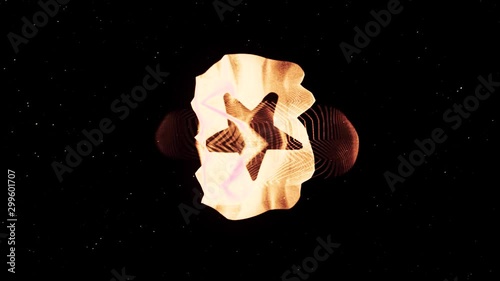 Abstract icon of the five pointed star in a circle rotating and becoming space dust on black background. Animation. Star logo spinning and deviding into small particles. photo