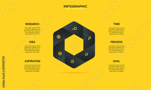 six hexagon black yellow options process chart slide template. Business data. Workflow, visualization, design. Creative concept for infographic, presentation, report, research, strategy, consulting.