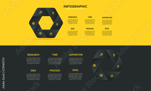 six hexagon black yellow options process chart slide template. Business data. Workflow, visualization, design. Creative concept for infographic, presentation, report, research, strategy, consulting.
