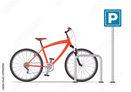 Bicycle parking. Red modern bicycle at parking sign. Vector illustration in flat style, isolated on white.