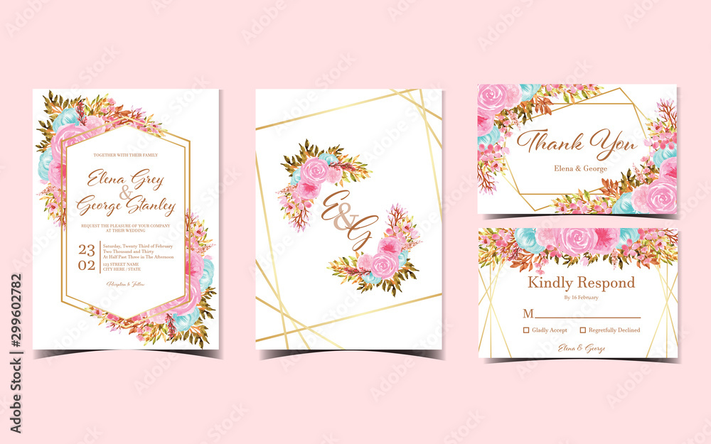 set of wedding invitation suite with elegant watercolor flowers