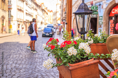 City summer landscape - view of street flowers in the historic district of Malа Strana (Little Side), in the city of Prague, Czech Republic © rustamank