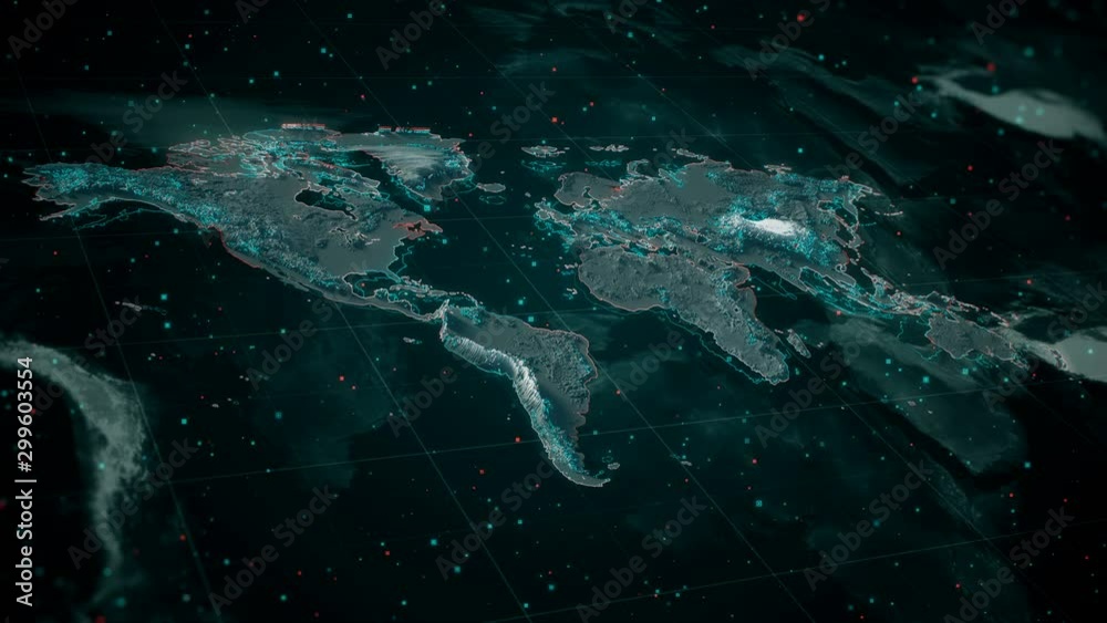 Textured world map with highlighted contours and visual hud elements ...