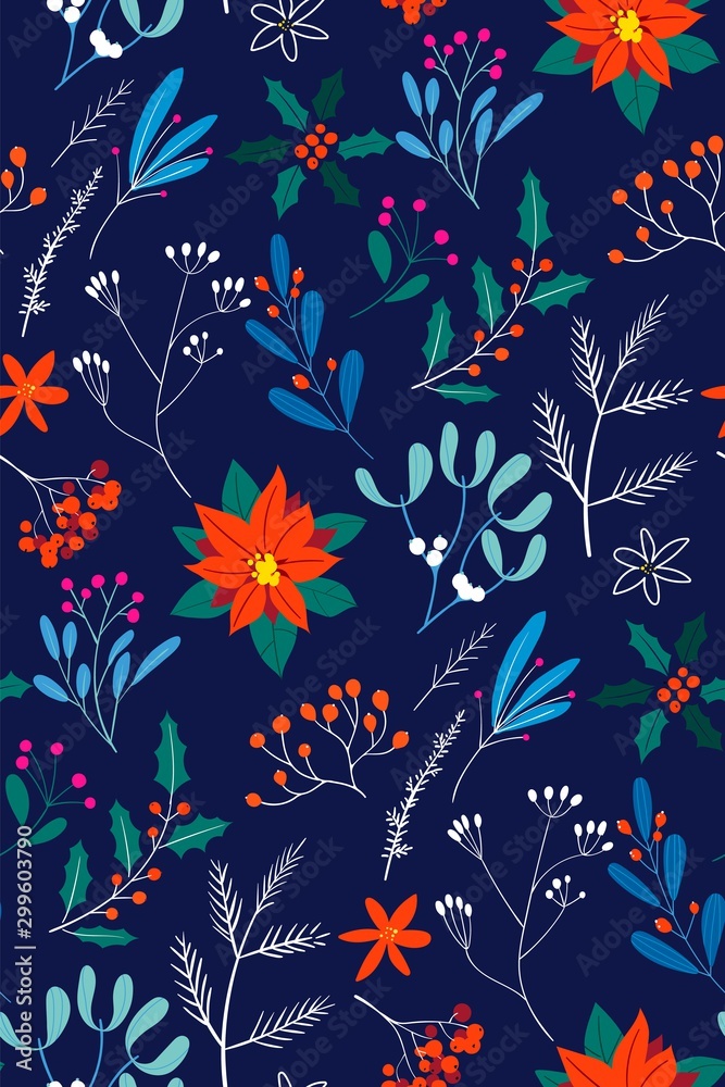 Hand drawn floral Christmas seamless pattern with flower bouquets, poinsettia, christmas tree branches and berries. Hand drawn floral Christmas seamless pattern with flower bouquets, poinsettia, christmas tree branches and berries.