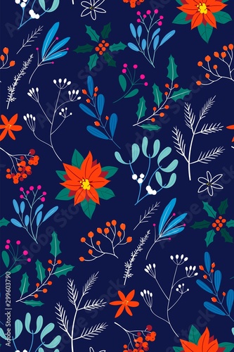 Hand drawn floral Christmas seamless pattern with flower bouquets, poinsettia, christmas tree branches and berries.
