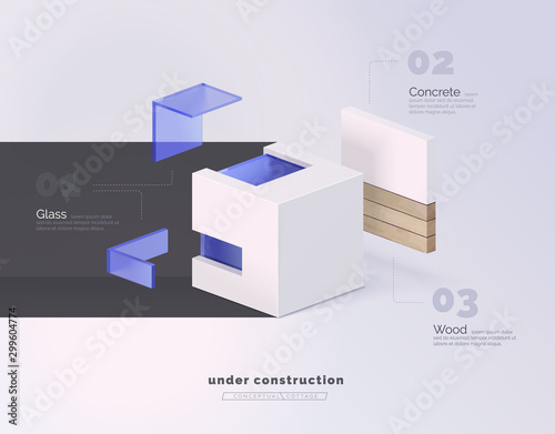 Infographics. The use of building materials in modern construction. Conceptual cottage by layers. Vector isometric style illustration.