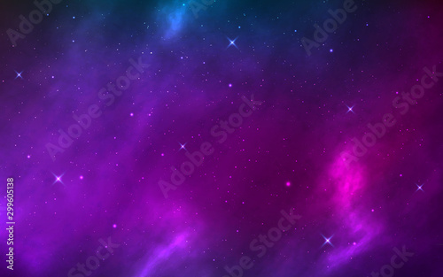 Space background realistic with shining stars. Cosmic texture with nebula, milky way and stardust. Magic cosmos with color galaxy. Infinite starry night. Vector illustration
