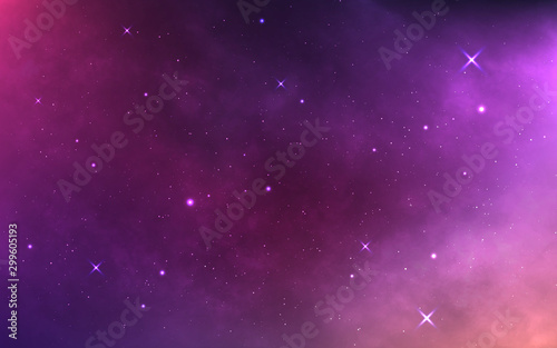 Space background with bright nebula and milky way. Realistic cosmos with stardust and shining stars. Magic colorful galaxy. Soft starry sky. Cosmic texture. Vector illustration