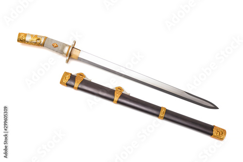 Chinese sword steel fitting and   scabbard on white background.