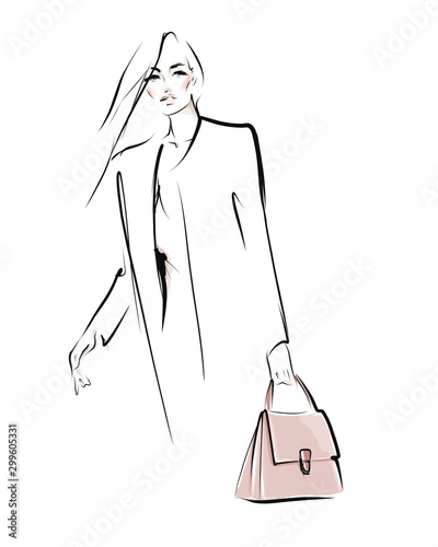 Young stylish woman in coat. Beautiful elegant girl with bag. Fashion illustration in sketch style. Vector