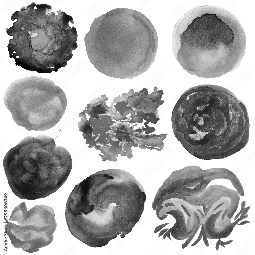 Set of gray watercolor stains and lines of different shades and sizes. Elements isolated on white background. Set of gray watercolor stains and lines of different shades and sizes. Elements isolated on white background.