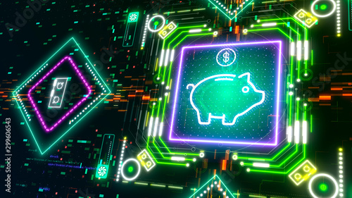 Futuristic economics symbol. Digital piggy bank. Glow neon glitch background