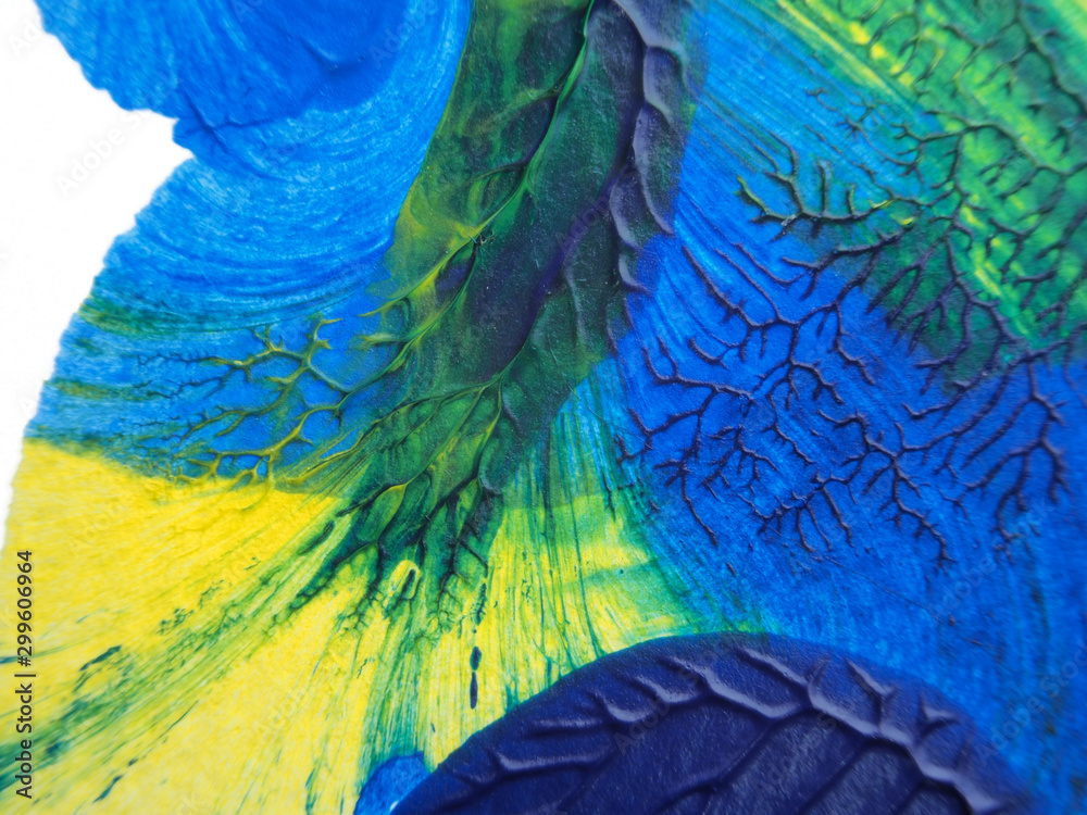 Obraz premium The acrylic painting with blue, green and yellow color texture on white paper background by using rorschach inkblot method.