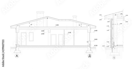 Set of detailed private house facade elements, architectural technical drawing, vector 