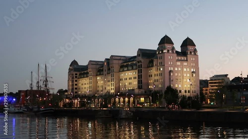 Oslo, Norway, night view of the boardalk in  Langkaia street photo