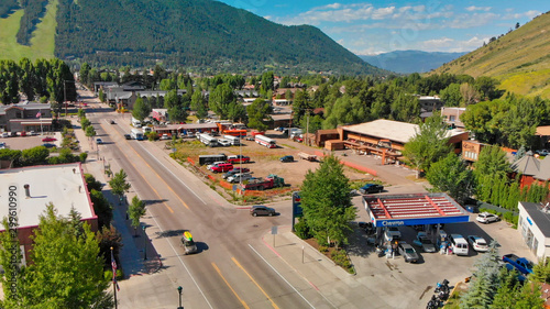 Panoramic aerial view of Jackson Hole homes and beautiful mountains on a summer morning, Wyoming