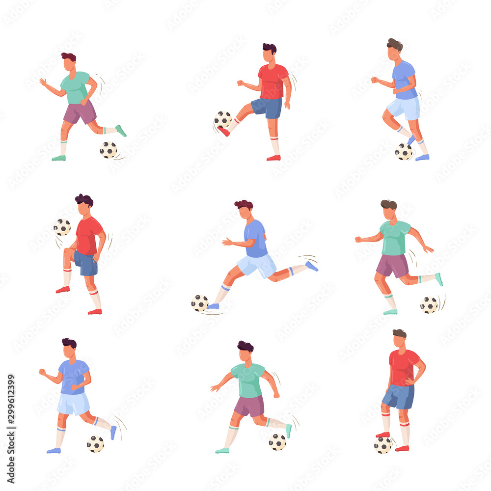 Set of football or soccer player characters in different actions. Vector illustration in flat cartoon style.