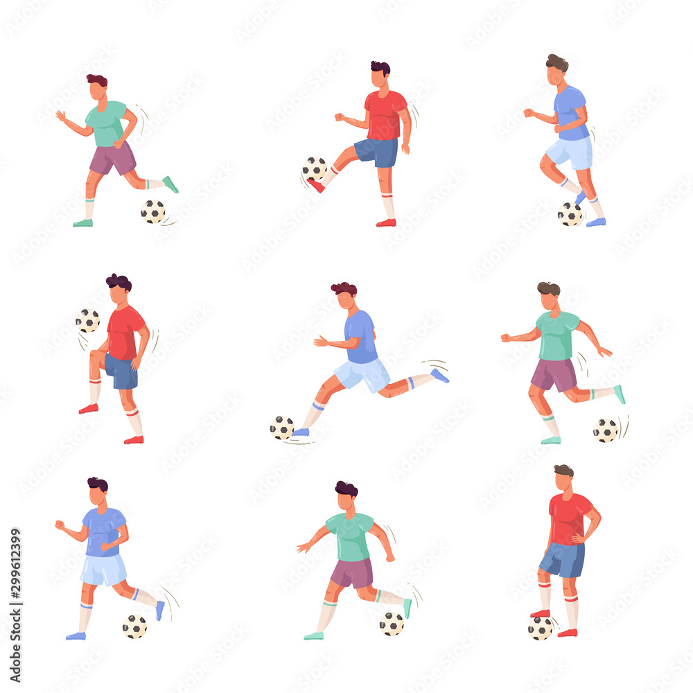 Set of football or soccer player characters in different actions. Vector illustration in flat cartoon style. Set of football or soccer player characters in different actions. Vector illustration in flat cartoon style.