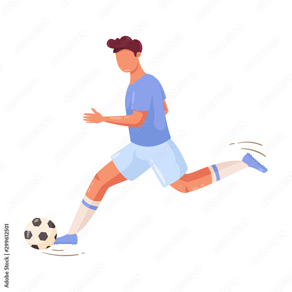 Soccer player in a blue t-shirt running with the ball. Vector illustration in flat cartoon style.