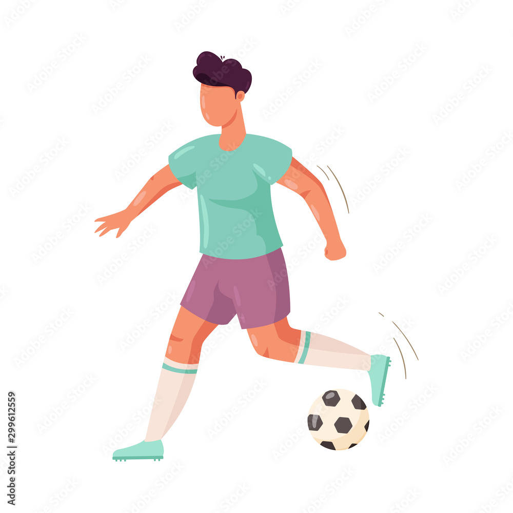 Soccer player in purple shorts running with the ball. Vector illustration in flat cartoon style.