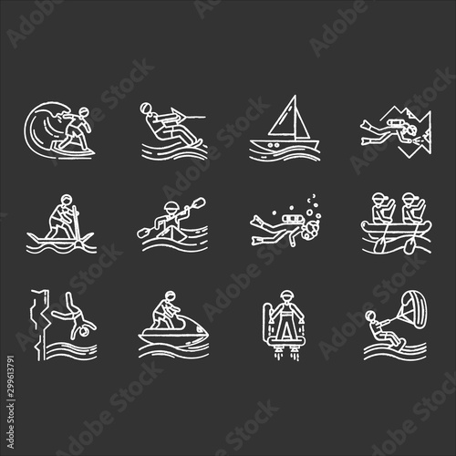 Watersports chalk icons set. Cave diving, kiteboarding,flyboarding and jet skiing. Cliff jumping and paddle surfing. Watercraft and extreme kinds of sport.Isolated vector chalkboard illustrations